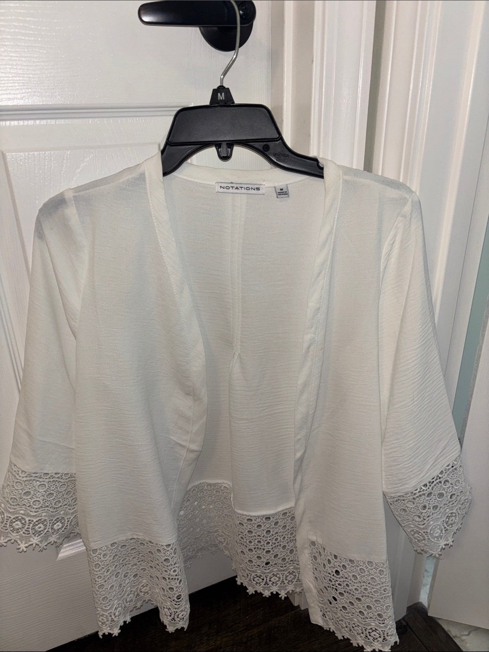 Notations Cream Crochet-Hem Open Front Cardigan